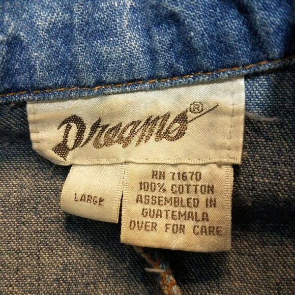 𝅺VINTAGE DREAMS Denim Dress Blue Shoulder Pads Cinched Elastic Waist Large - Picture 7 of 8